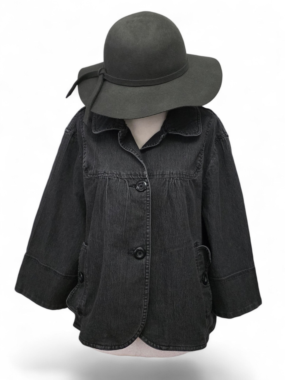 Women's Dark Charcoal Wash Black Denim Jacket - Classic Button Front